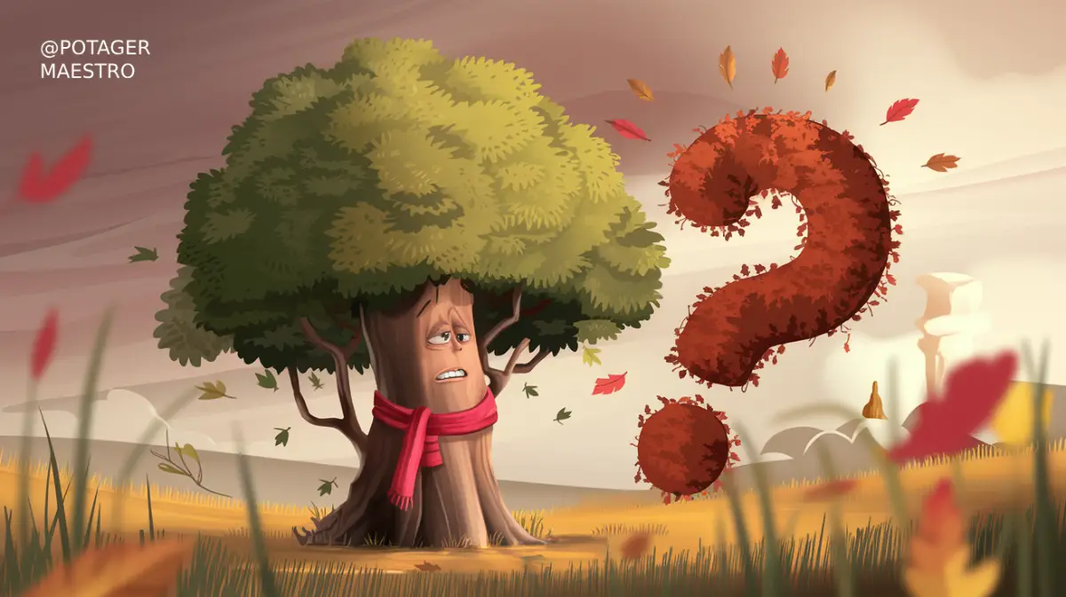 Arbre anthropomorphe inquiet en automne, feuilles tombantes, point d'interrogation rouge, champ doré