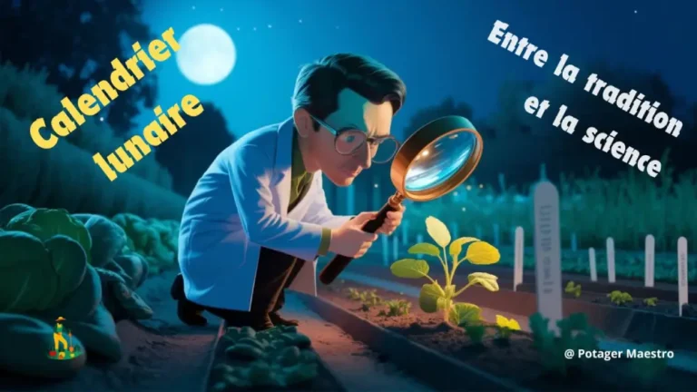 Scientifique observant une pousse de plante à la loupe dans un potager sous la pleine lune