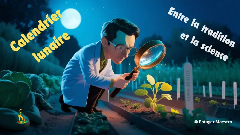 Scientifique observant une pousse de plante à la loupe dans un potager sous la pleine lune
