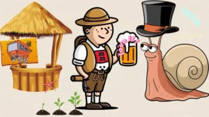Jardinier bavarois avec chope de bière, limace avec chapeau haut-de-forme, stand de plage, plantes en croissance