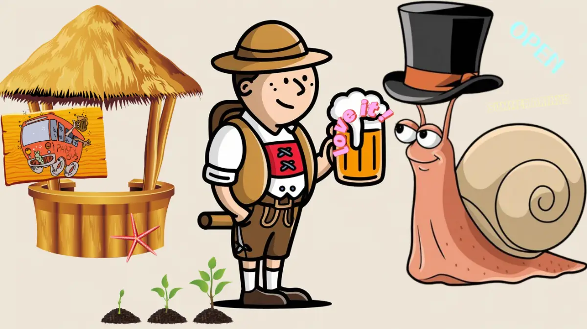 Jardinier bavarois avec chope de bière, limace avec chapeau haut-de-forme, stand de plage, plantes en croissance