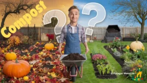 Jardinier avec brouette de compost, potager automnal avec citrouilles et feuilles mortes