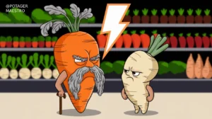 Légumes personnifiés : carotte âgée et navet grognon dans une épicerie, humour végétal