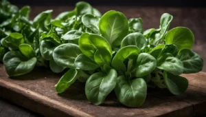 Feuilles de mâche doucette fraîche sur planche en bois, gros plan sur salade verte nutritive, ingrédient sain