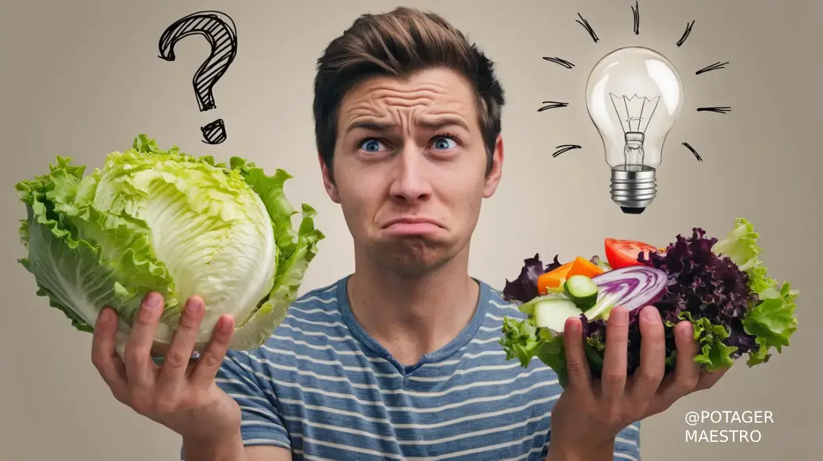 Homme confus tenant salade et laitue avec symboles question et ampoule, concept choix alimentaire sain