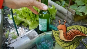 Piège à bière pour limaces dans un potager avec salade et bouteille de bière, limace dessinée humoristique