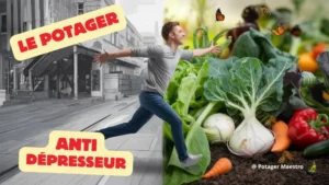 Homme sautant d'un environnement urbain gris vers un potager coloré avec légumes frais, papillons et abeilles - effet antidépresseur