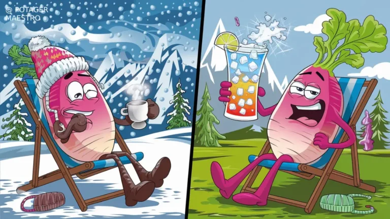 Radis animé en vacances : hiver avec chocolat chaud, été avec cocktail. Contraste saisonnier humoristique.