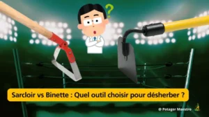 Comparaison sarcloir vs binette dans un ring : duel d'outils de désherbage avec un jardinier perplexe cherchant à faire le bon choix pour son potager