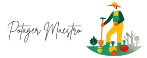 Potager Maestro : Signature avec jardinier et légumes, logo-signature pour entreprise de jardinage