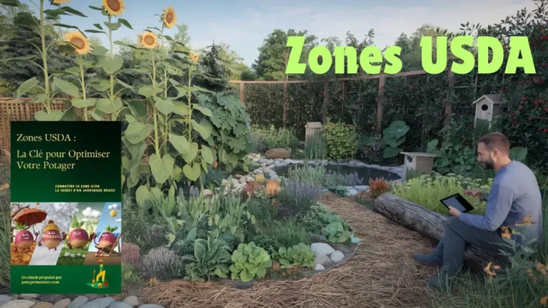 Jardin permaculture avec potager, étang et tournesols. Homme consultant zones USDA sur tablette