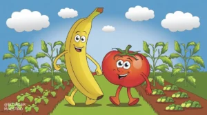 Cartoon: banane et tomate souriantes marchant dans un potager ensoleillé avec plants et nuages
