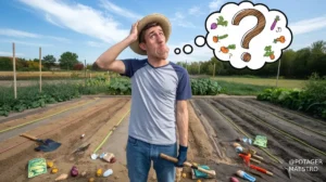 Jardinier perplexe dans potager, outils éparpillés, bulle de pensée avec légumes et point d'interrogation
