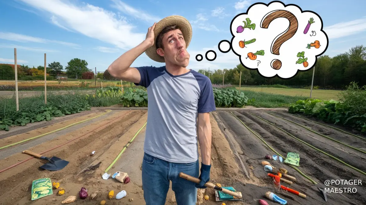 Jardinier perplexe dans potager, outils éparpillés, bulle de pensée avec légumes et point d'interrogation
