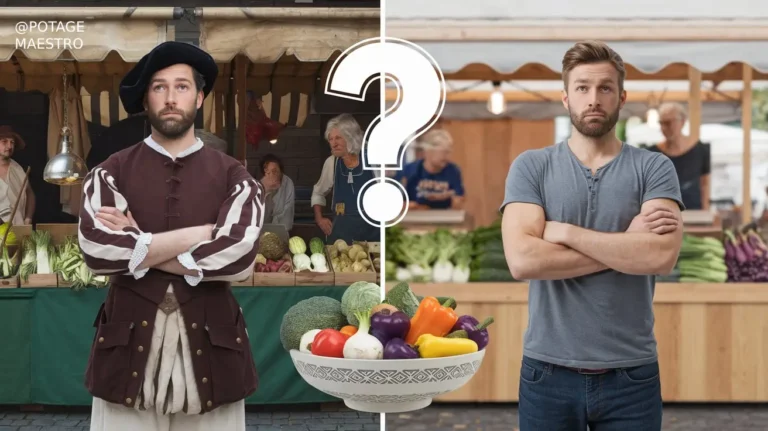 Comparaison humoristique : vendeur médiéval vs moderne au marché de légumes, question au milieu
