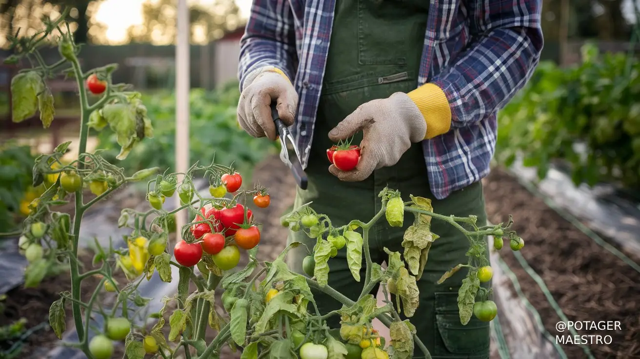 Jardinier récolte tomates mûres dans potager, gros plan mains gantées et plants de tomates