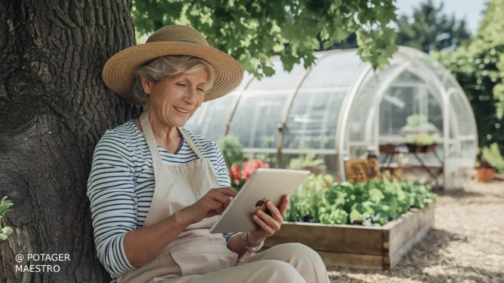 Femme jardinier assise sous un arbre tenant une tablette entre ses mains
