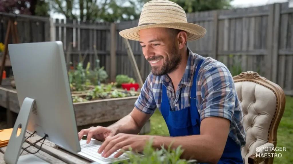 Jardinier souriant avec un chapeau de paille assis dans son potager en face d'un ordinateur