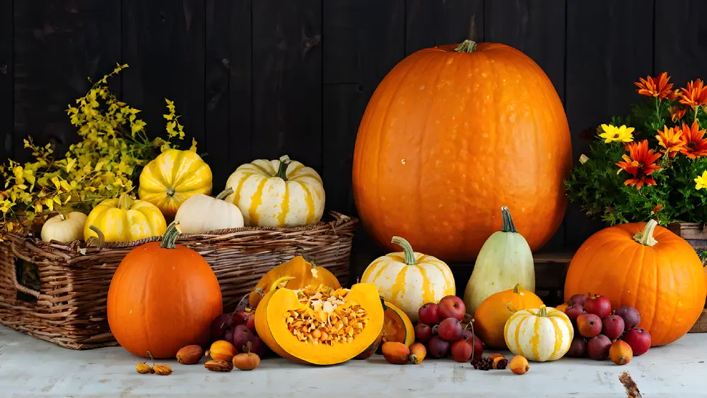 Cultiver les courges : le guide complet du semis à la récolte 2 Composition automnale de citrouilles, courges décoratives et fleurs avec une moitié de courge montrant les graines
