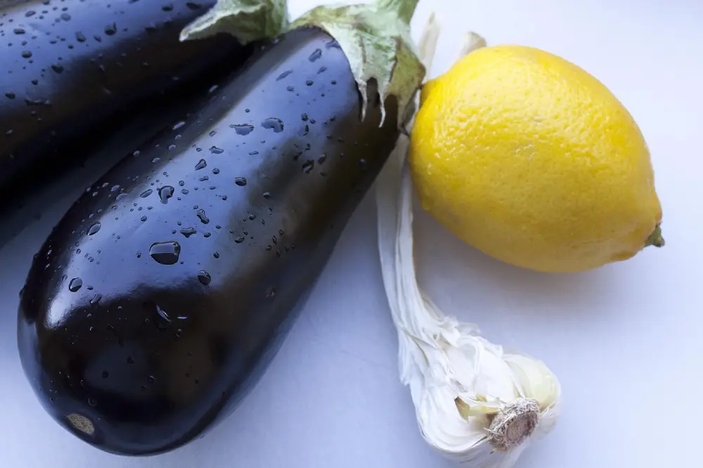 Aubergines fraîches avec gouttes d'eau, citron et ail - ingrédients cuisine saine légumes bio
