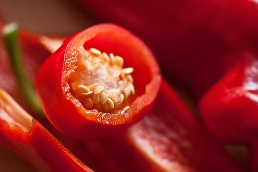 Piment rouge coupé montrant les graines intérieures - Récolte de graines pour semis de piments