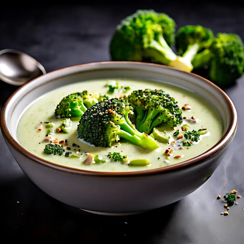 Soupe de brocoli maison dans bol avec brocolis frais en arrière-plan - cuisine légumes du potager
