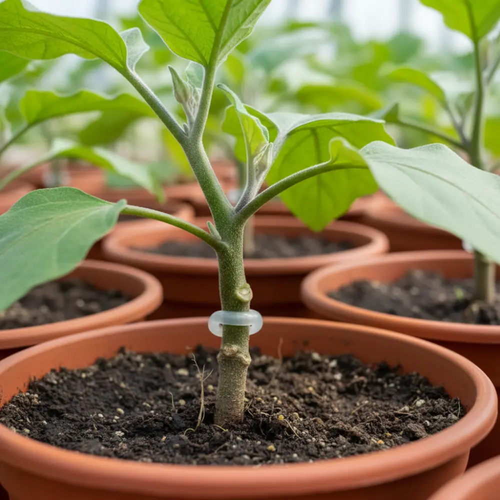 Plant d'aubergine greffé en pot avec clip de greffe en silicone sur le point de jonction