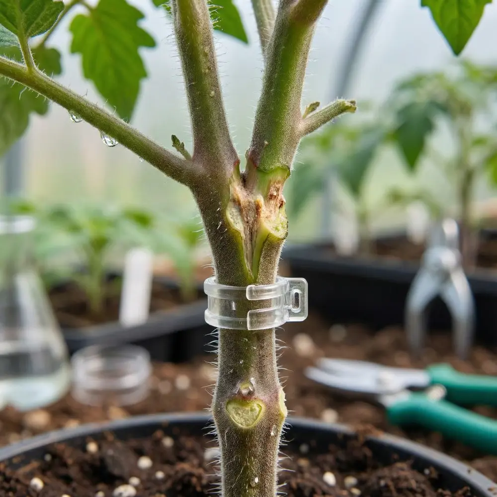 Plant de tomate greffé à deux têtes avec clip de greffe visible sur la tige en pépinière