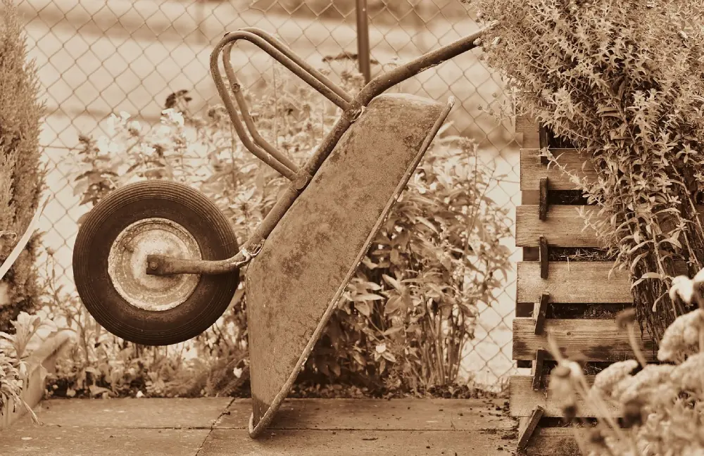 Brouette ancienne au repos dans le jardin potager en hiver, ambiance sépia