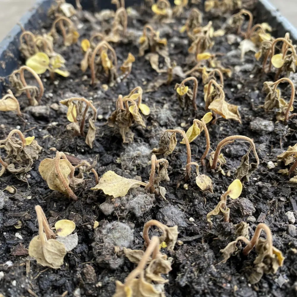 Plateau de semis entièrement détruit par la fonte des semis avec mycélium gris et plantules desséchées