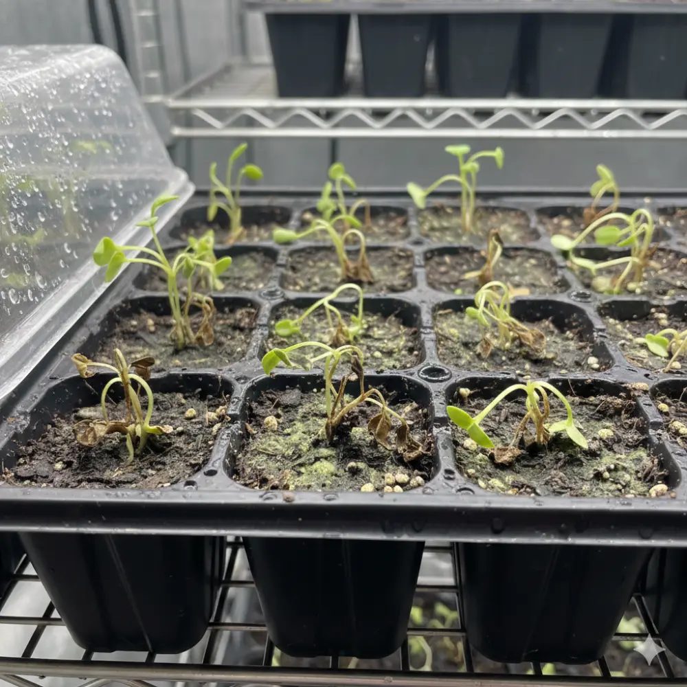 Plateau alvéolé avec semis atteints par la fonte des semis : tiges affaissées et substrat gorgé d'eau