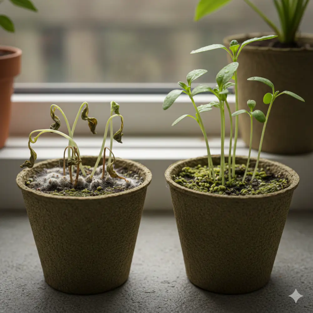 Fonte des semis en godets biodégradables : plants malades à gauche et plants sains à droite sur rebord de fenêtre