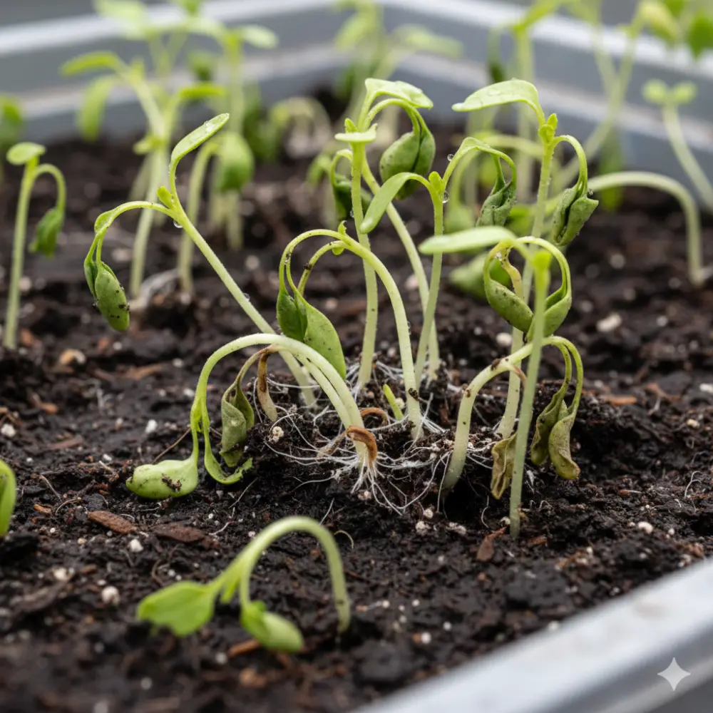 Gros plan sur des jeunes plants affectés par la fonte des semis avec tiges nécrosées au collet