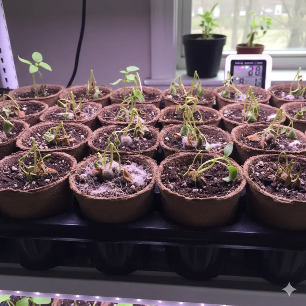 Fonte des semis en godets biodégradables sous lampe horticole avec mycélium blanc visible en surface