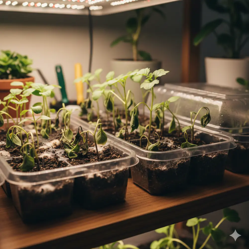 Semis en intérieur sous lampe horticole touchés par la fonte des semis malgré un éclairage artificiel