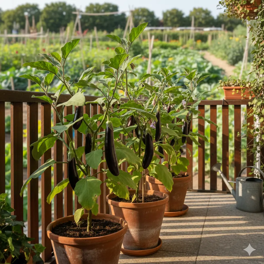 Trois plants d'aubergines violettes cultivées en pots de terre cuite sur une terrasse.