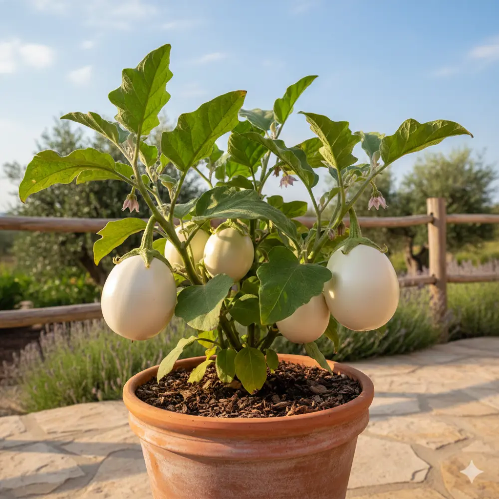 Variété d'aubergine blanche cultivée en pot, plante compacte avec fruits ronds.