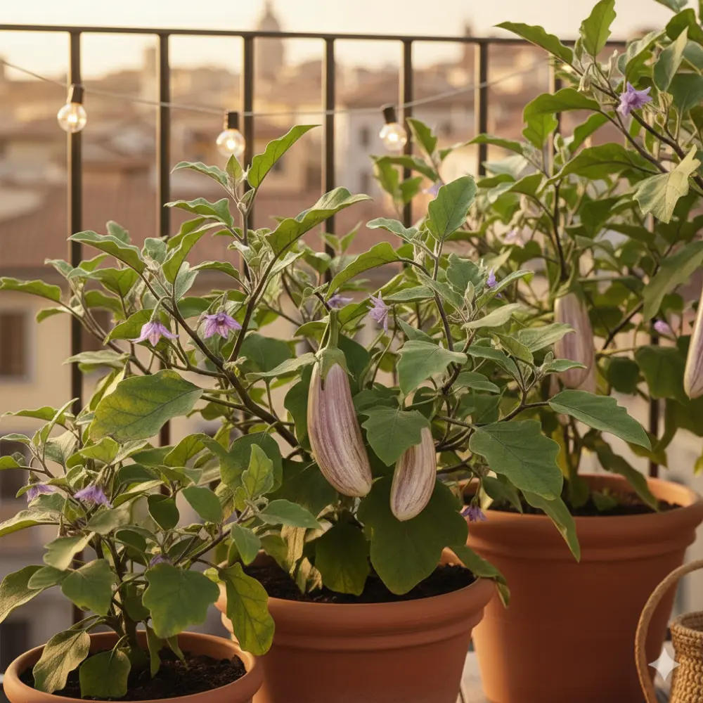 Aubergines tigrées violet et blanc en pot sur un balcon au coucher du soleil.