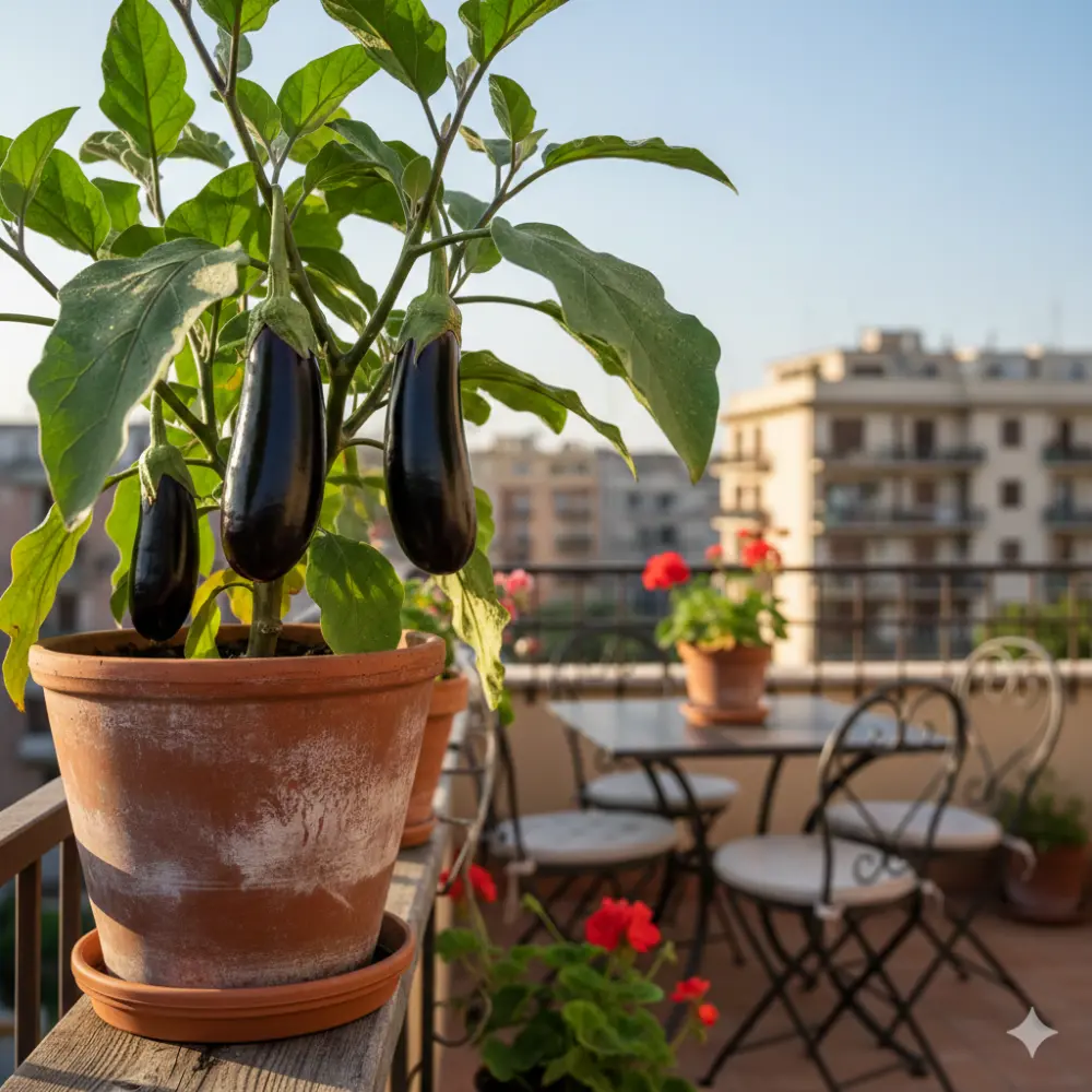 Gros plan d'aubergines noires prêtes à récolter dans un pot en terre cuite sur une terrasse.