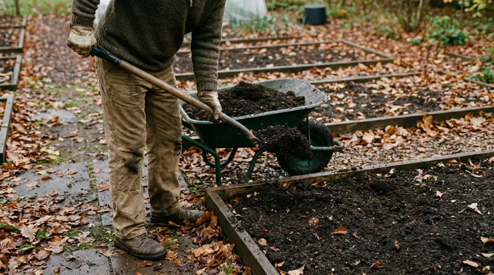 Jardinier épandant du compost mûr sur carré potager en automne - amendement organique