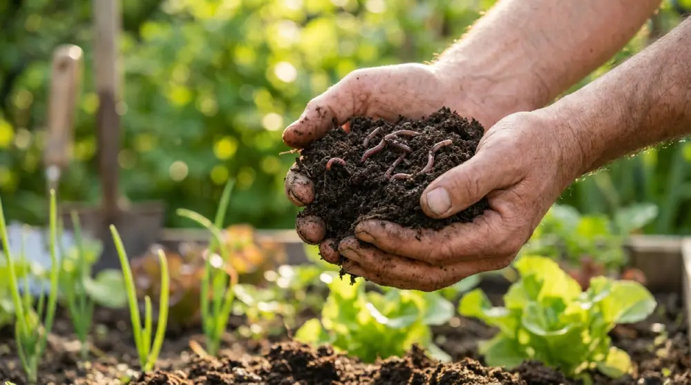 Mains tenant de la terre riche en vers de terre au potager - sol vivant et fertile