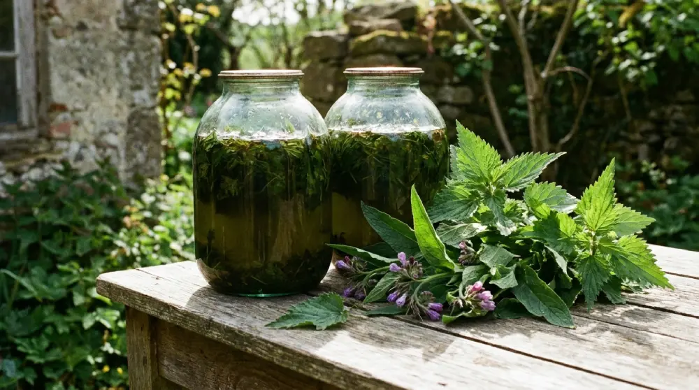 Bocaux de purin d'ortie et de consoude en préparation - engrais naturel pour le potager