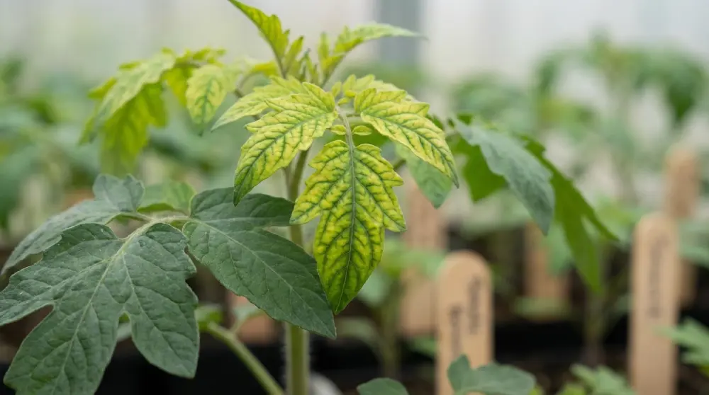 Feuille de tomate jaunie avec nervures vertes au potager - carence en fer ou magnésium