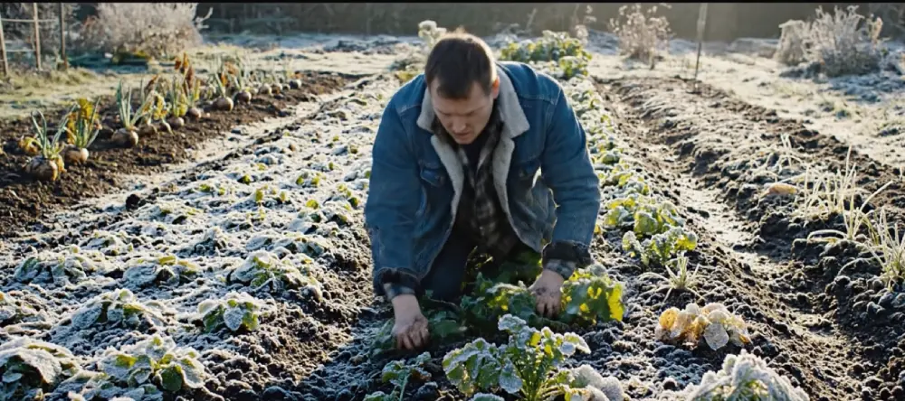 Jardinier au travail dans un potager recouvert de givre au printemps risque de gelée tardive
