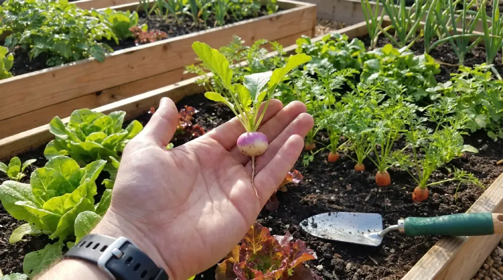 Main tenant un navet primeur récolté jeune dans un carré potager en avril