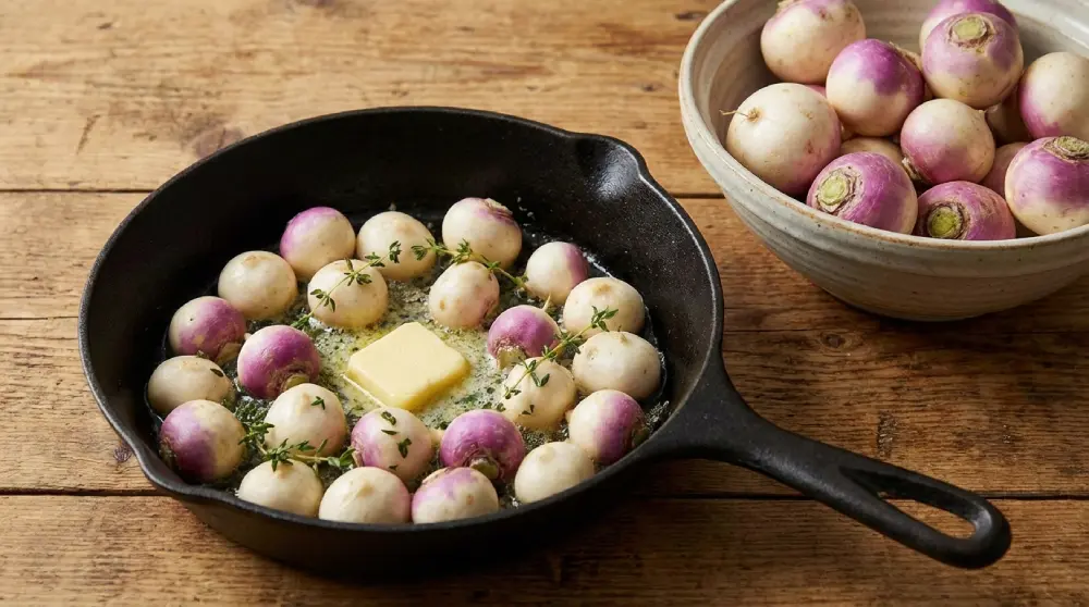 Navets primeurs ronds dans une poêle en fonte avec beurre et thym frais