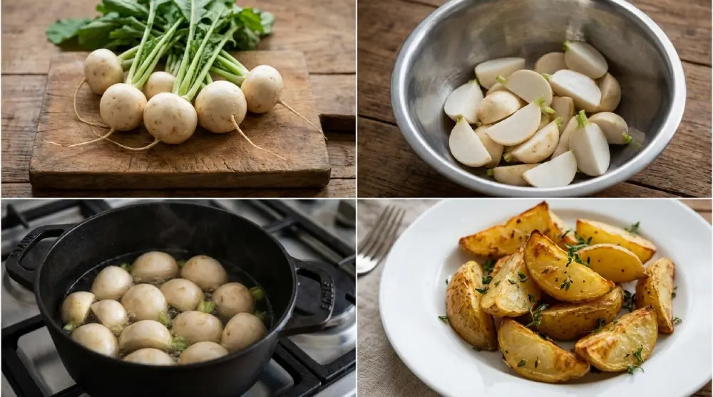 Préparation culinaire du navet primeur : récolte, découpe, cuisson et service