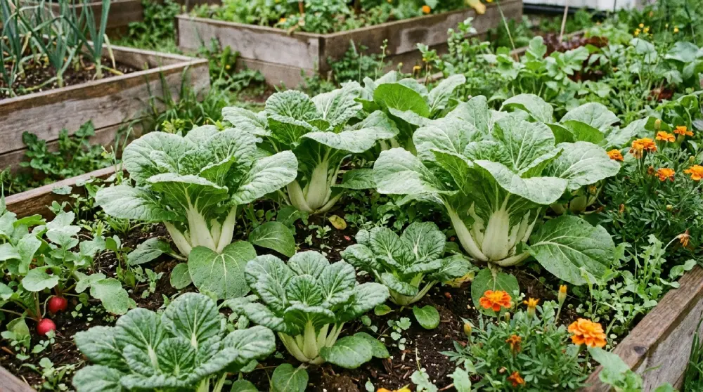 Pak choi cultivé en carré potager avec capucines, récolte de printemps