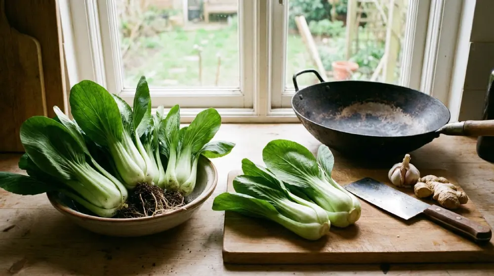 Pak choi frais sur plan de travail en bois avec wok, ail et gingembre