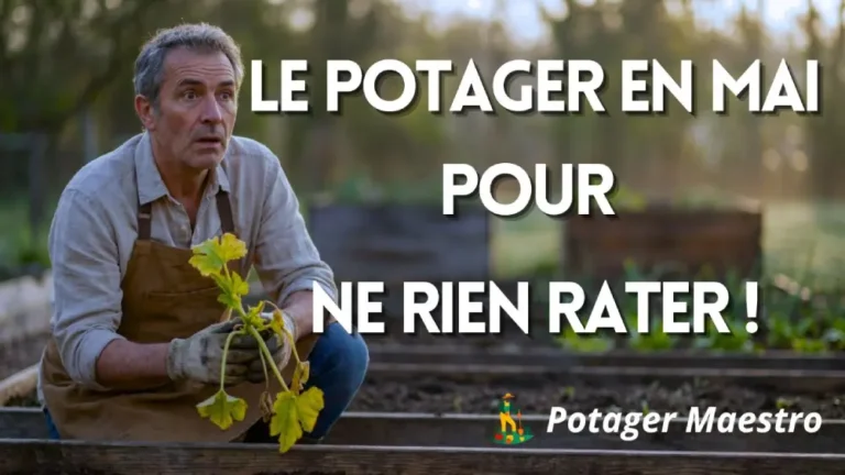 Jardinier examinant un plant de courgette au potager en mai dans un carré potager surélevé